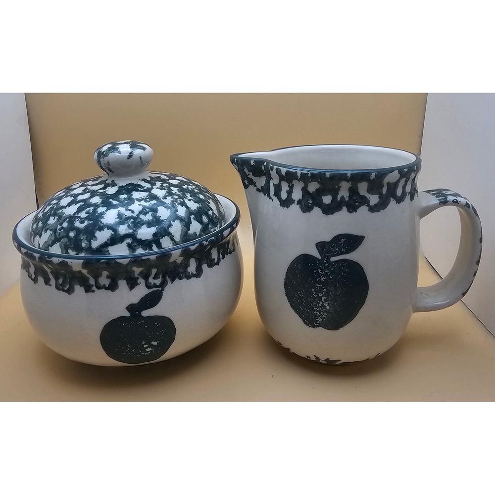 Folk Craft Apple By Tienshan Sugar Bowl W/Lid And Creamer Set with two mugs